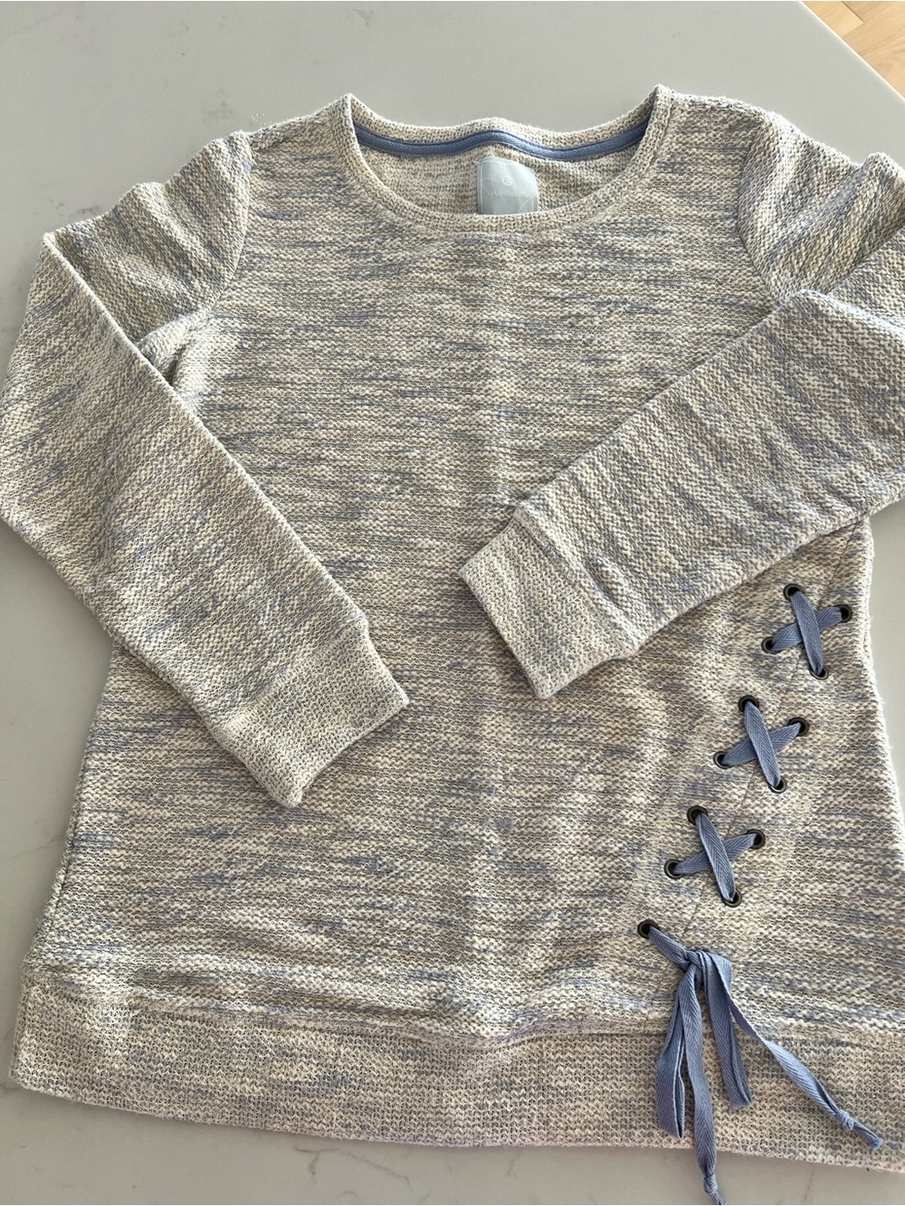 Ladies XS Sunday Heather Gray Knit top with Blue Lace-Up Side Detail
